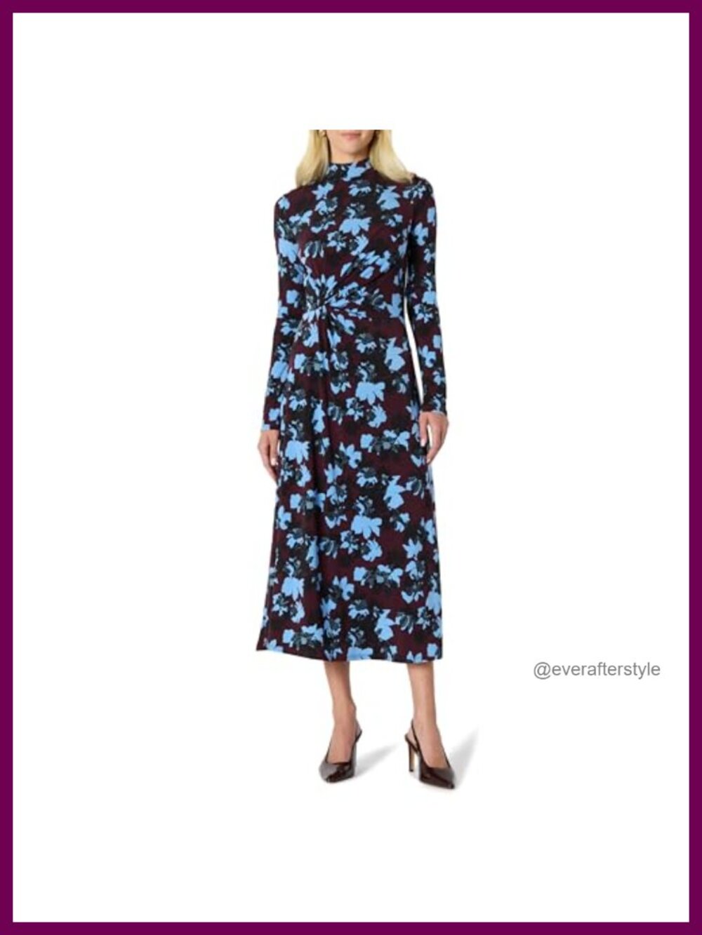Fit & Flare Long Sleeve Maxi Dress Mock Neck Jersey Zipper Back